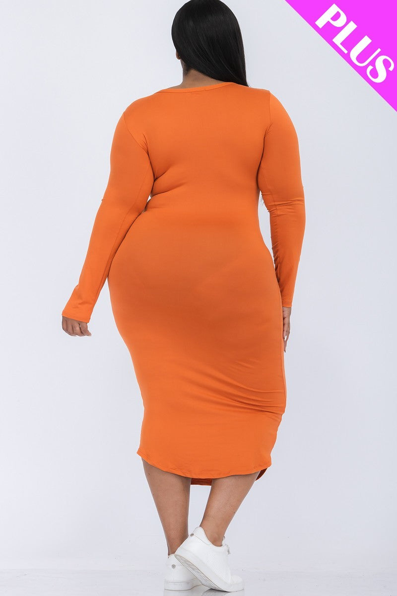 Plus Mango Split Neck Long Sleeve Midi Dress