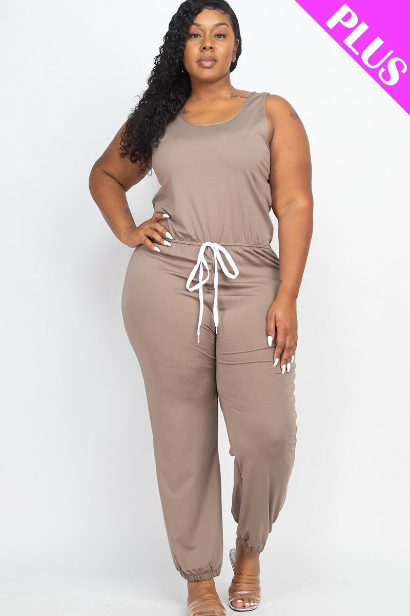 Plus Taupe Elasticized Waist Jogger Jumpsuit