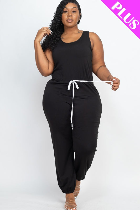 Plus Black Elasticized Waist Jogger Jumpsuit