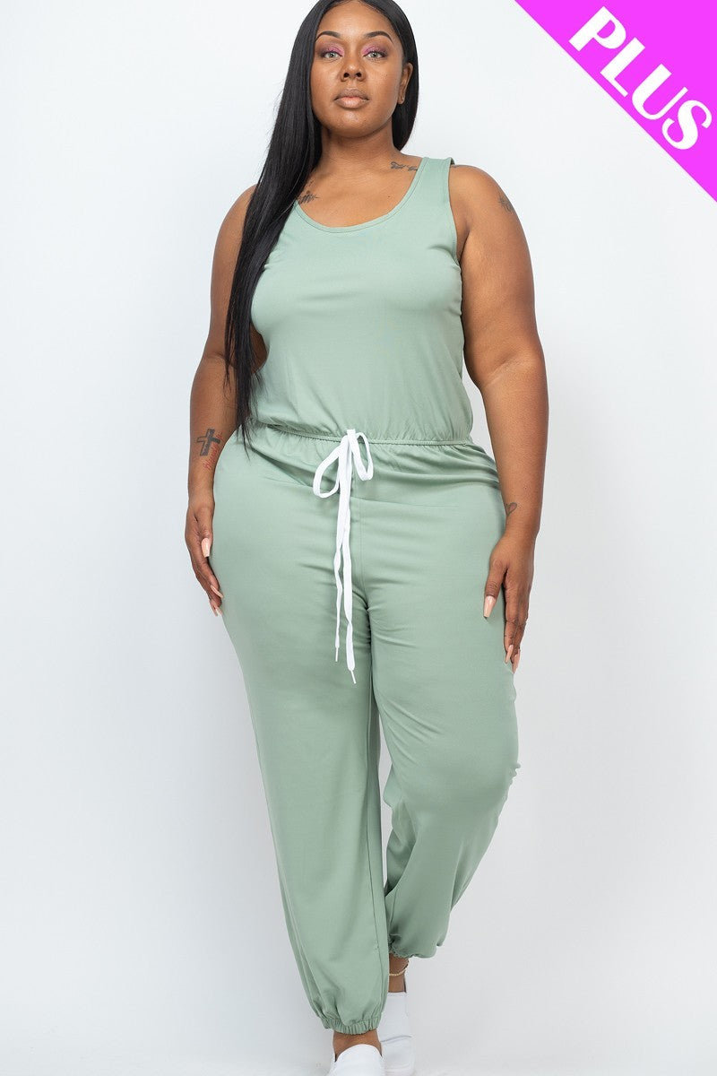 Plus Green Elasticized Waist Jogger Jumpsuit