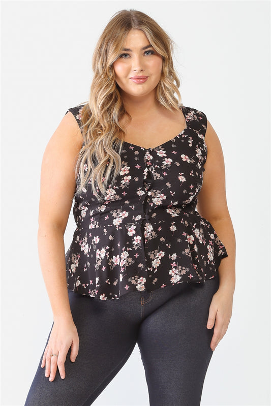 Plus Black Floral Button-up Sleeveless Flare Hem Top