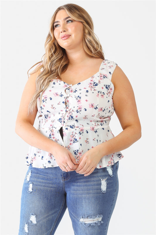 Plus Ivory Floral Button-up Sleeveless Flare Hem Top