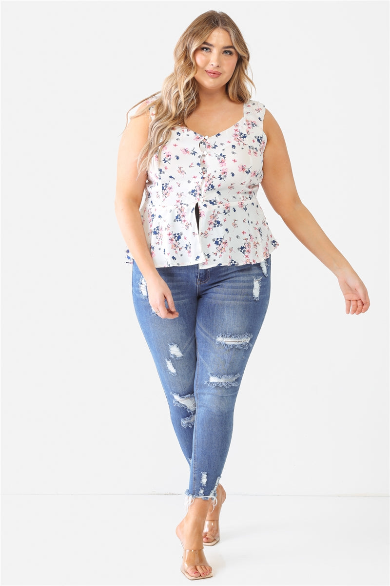 Plus Ivory Floral Button-up Sleeveless Flare Hem Top