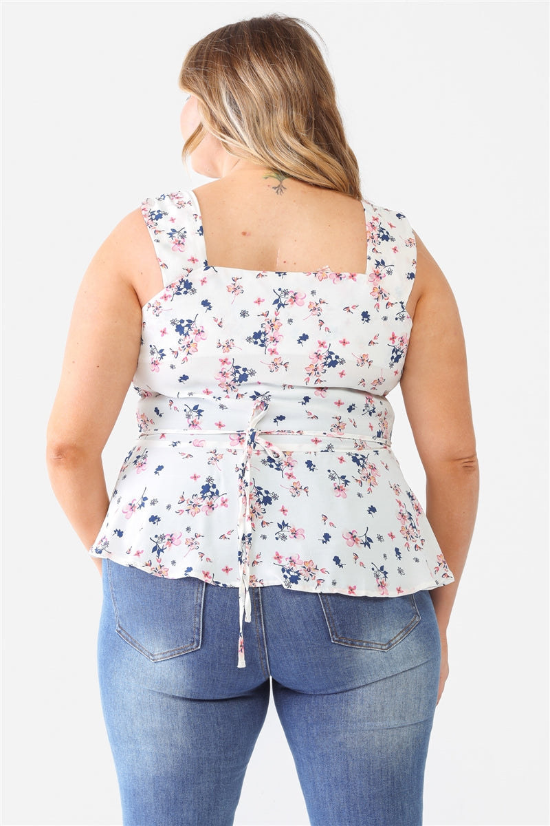 Plus Ivory Floral Button-up Sleeveless Flare Hem Top