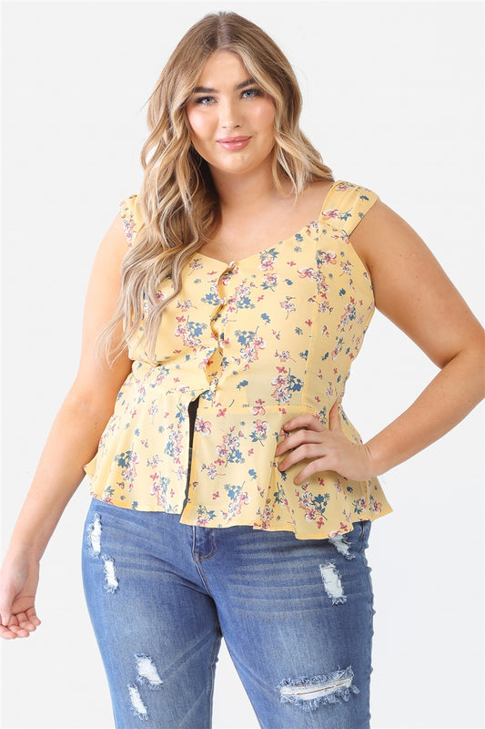 Plus Yellow Floral Button-up Sleeveless Flare Hem Top