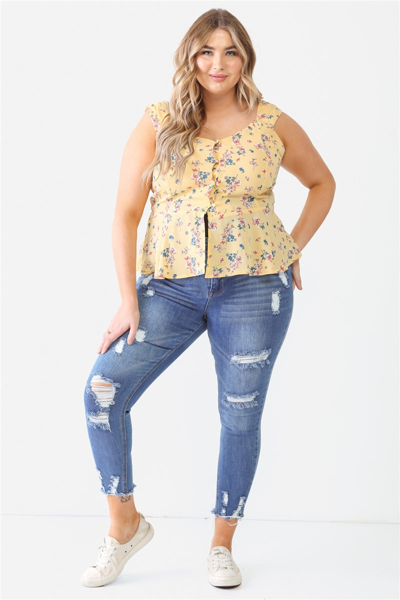 Plus Yellow Floral Button-up Sleeveless Flare Hem Top