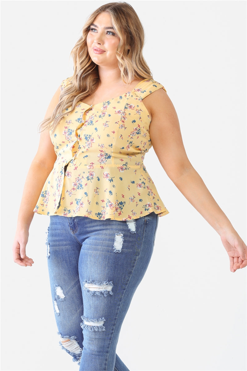 Plus Yellow Floral Button-up Sleeveless Flare Hem Top