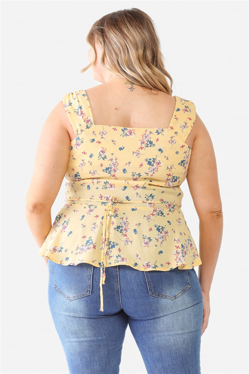 Plus Yellow Floral Button-up Sleeveless Flare Hem Top