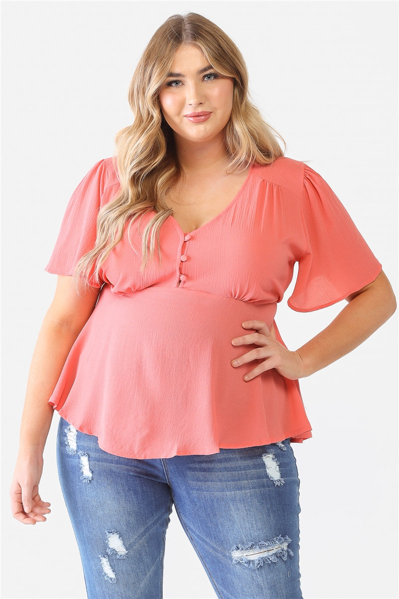 Plus Coral Tie Detail Flare Top