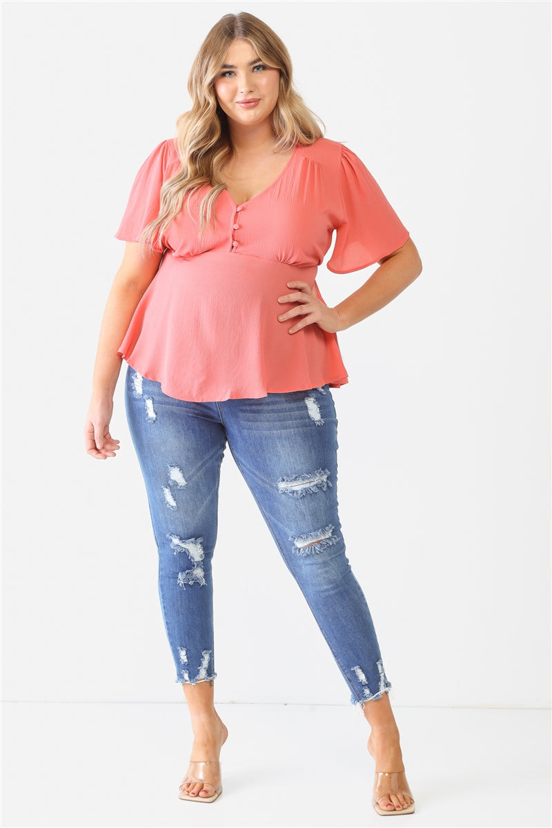 Plus Coral Tie Detail Flare Top