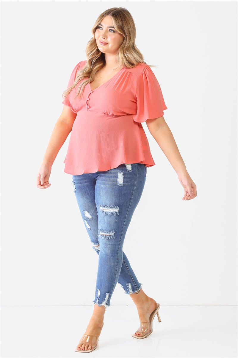 Plus Coral Tie Detail Flare Top