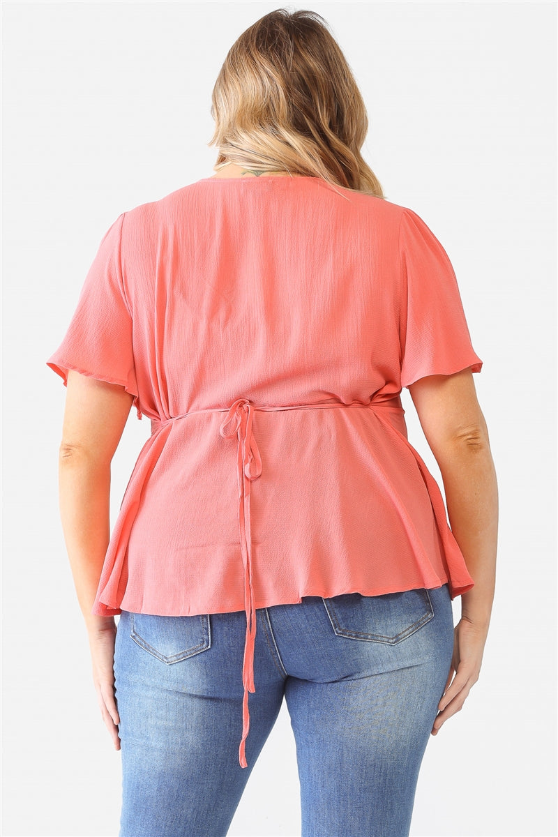 Plus Coral Tie Detail Flare Top