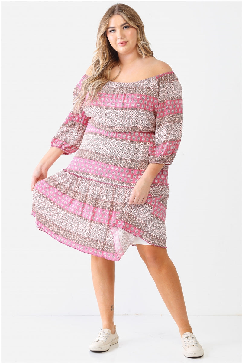 Plus Pink Combo Printed Textured Ruffle Flare Hem Mini Dress