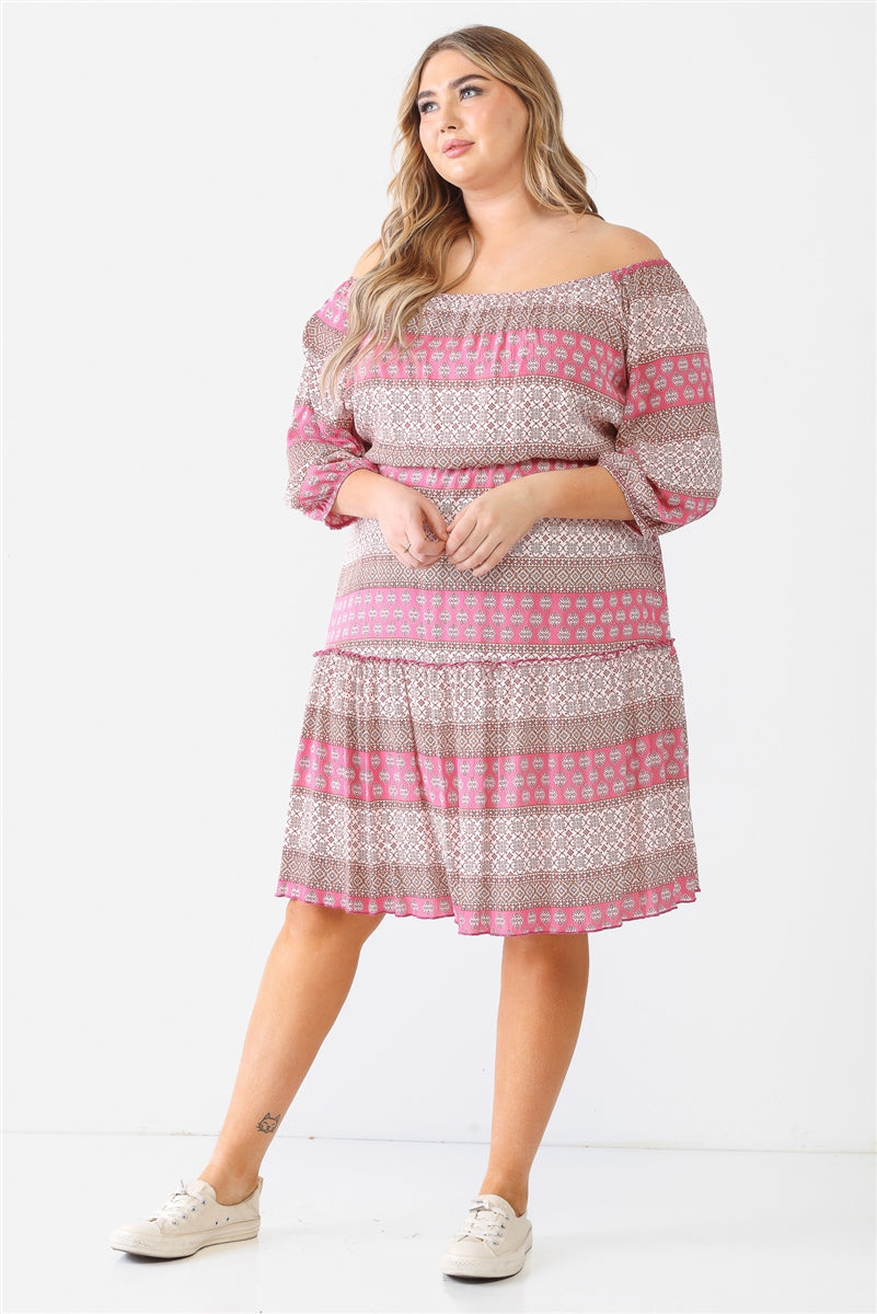 Plus Pink Combo Printed Textured Ruffle Flare Hem Mini Dress