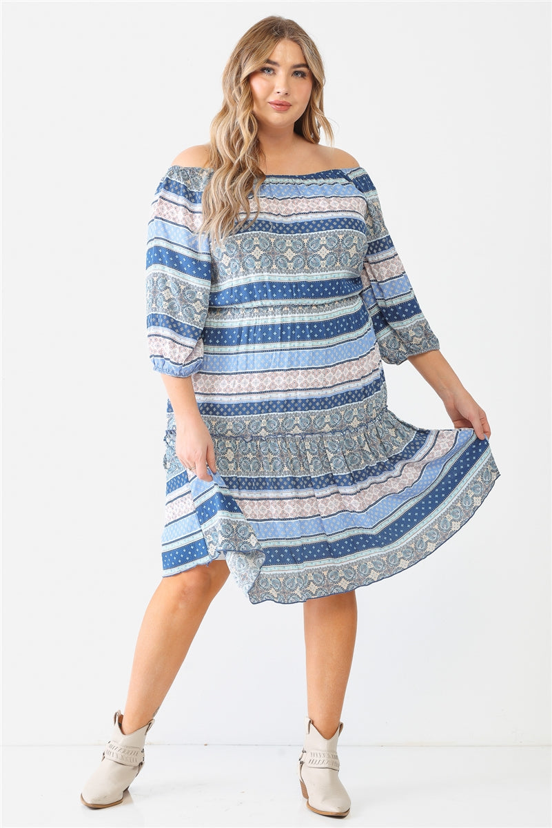 Plus Blue Combo Printed Textured Ruffle Flare Hem Mini Dress
