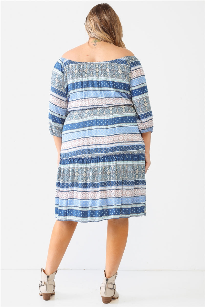 Plus Blue Combo Printed Textured Ruffle Flare Hem Mini Dress