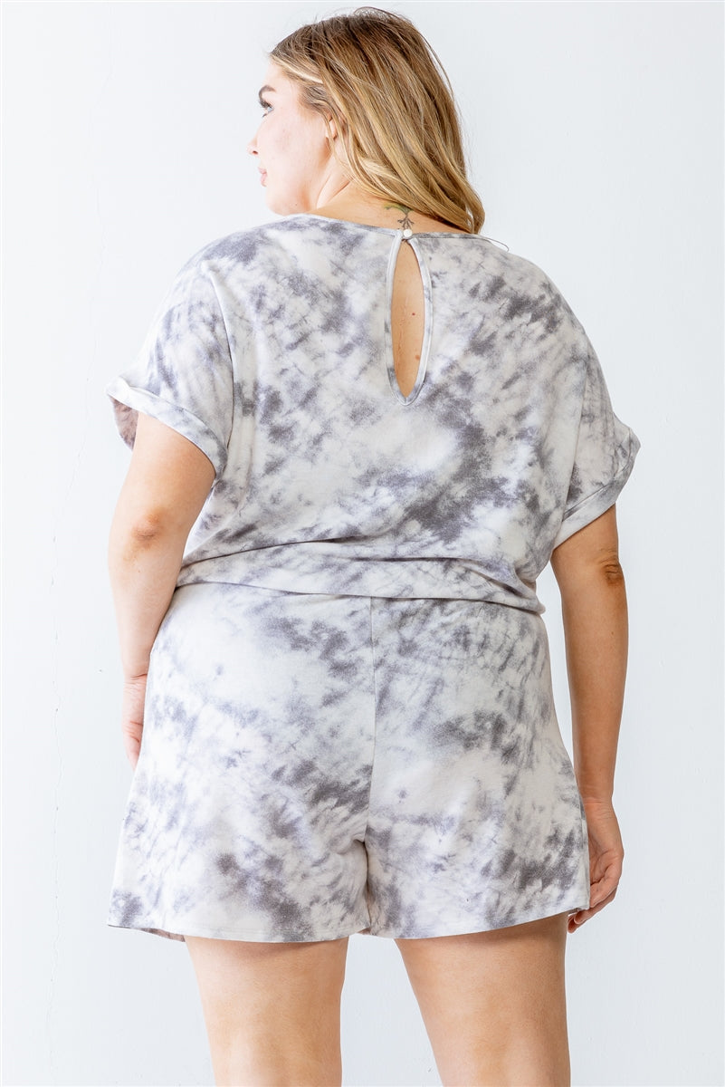 Plus Ivory & Grey Tie-Dye Print Two Pocket Romper