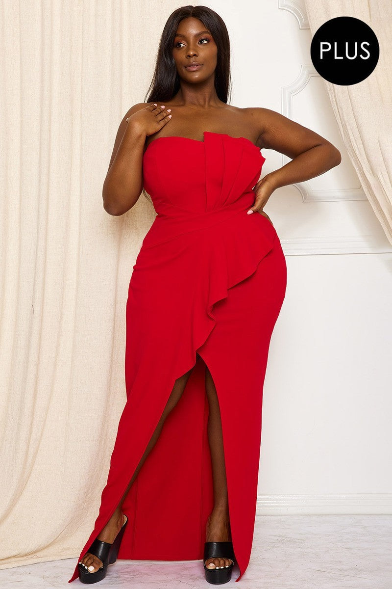 Plus Red Pleated Detail Tube Top Maxi Dress