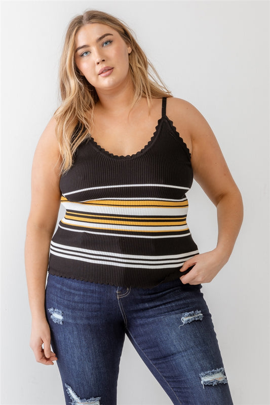 Plus Black & Mustard Ribbed Ruffle Tank Top