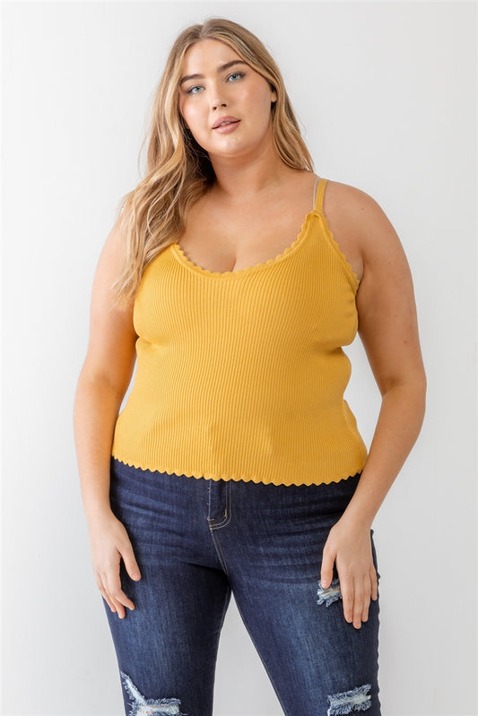 Plus Mustard Ribbed Ruffle Tank Top