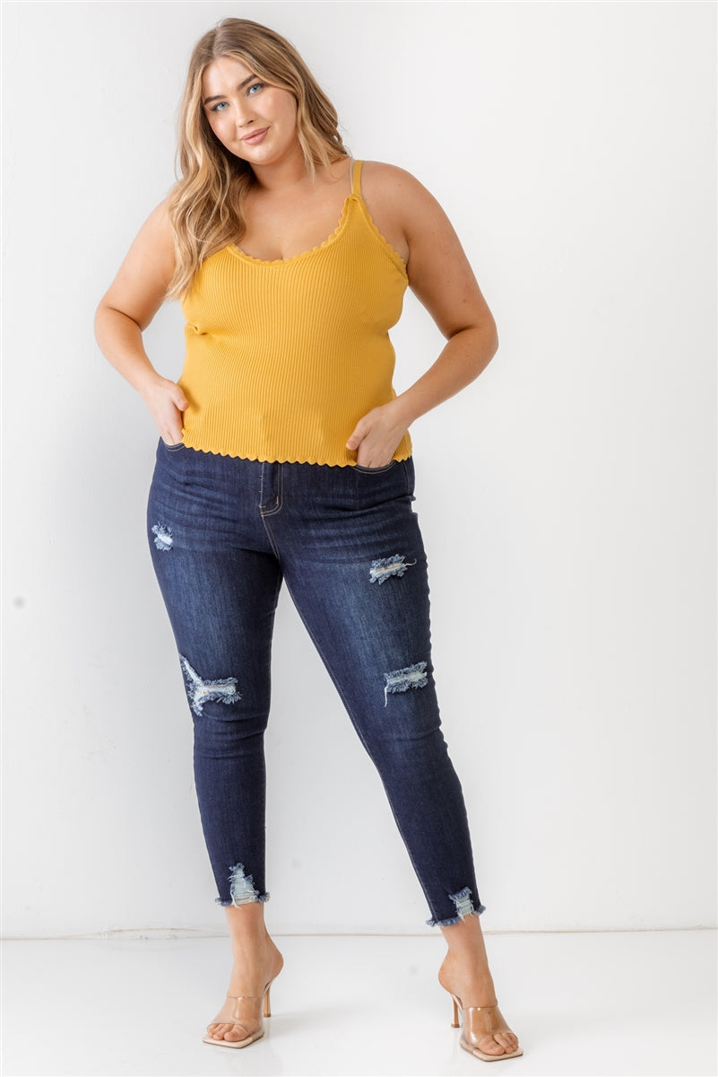 Plus Mustard Ribbed Ruffle Tank Top