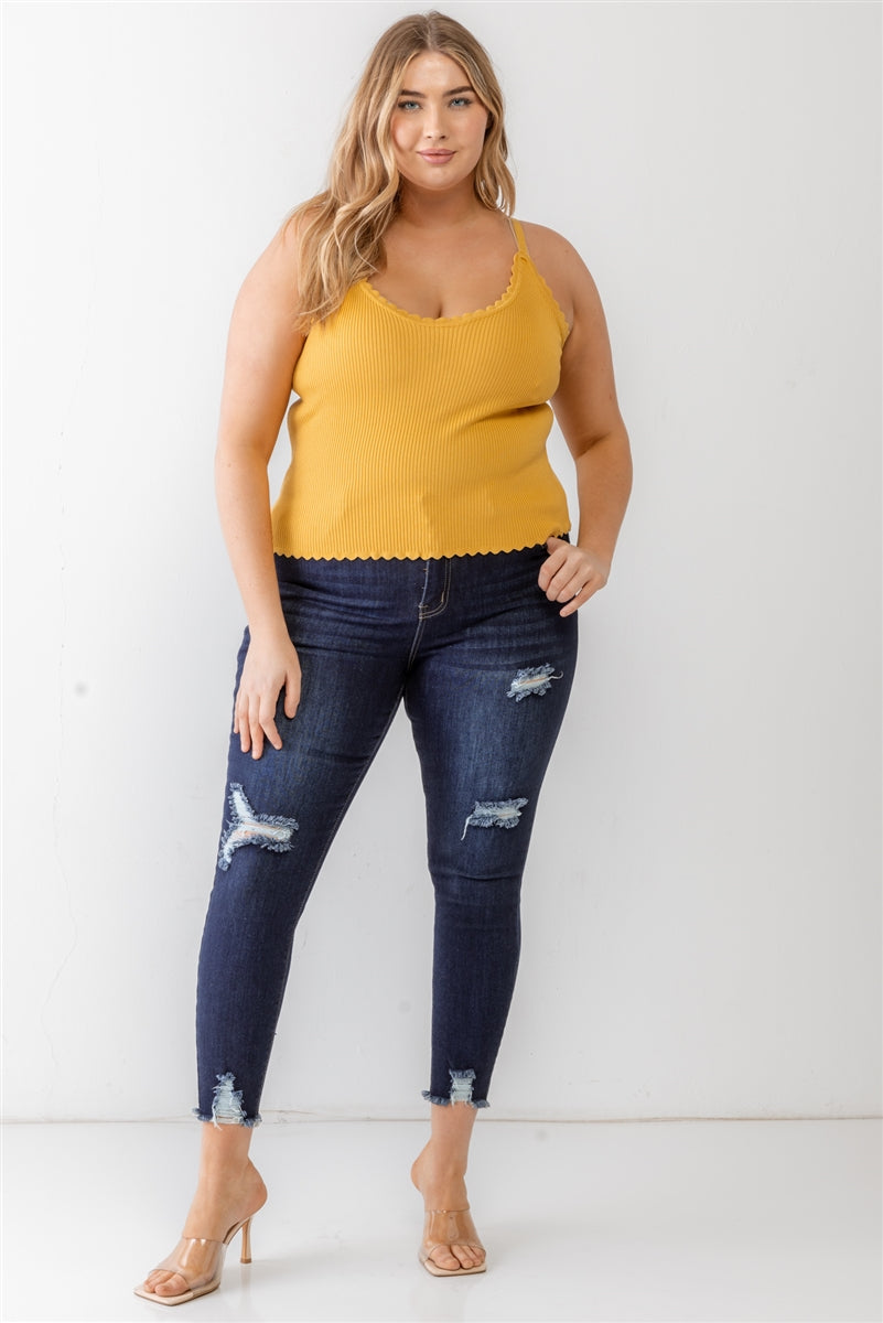 Plus Mustard Ribbed Ruffle Tank Top