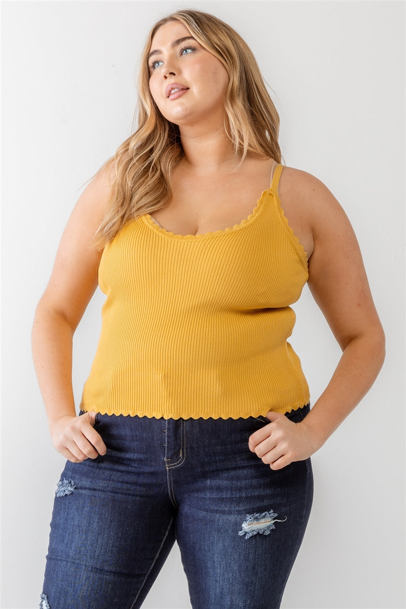 Plus Mustard Ribbed Ruffle Tank Top