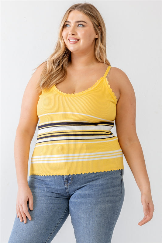 Plus Yellow/Navy Ribbed Ruffle Tank Top