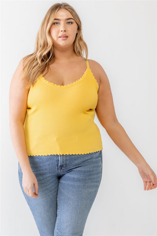 Plus Yellow Ribbed Ruffle Tank Top