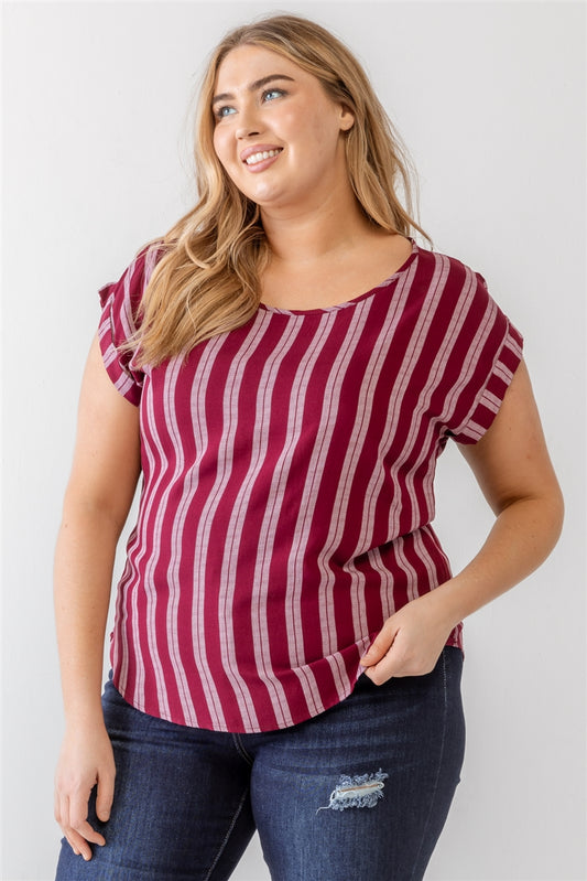 Plus Burgundy Striped Short Sleeve Relax Top