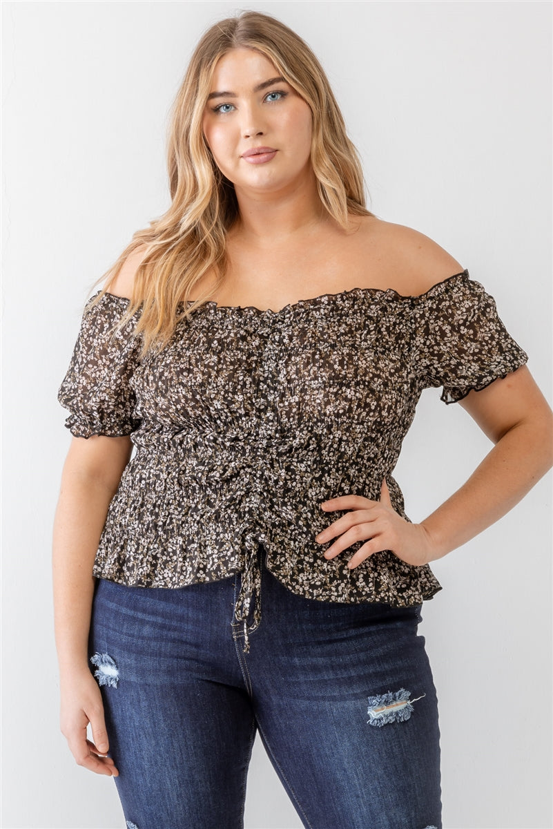 Plus Black Floral Chiffon Ruched Smocked Off-the-Shoulder Top