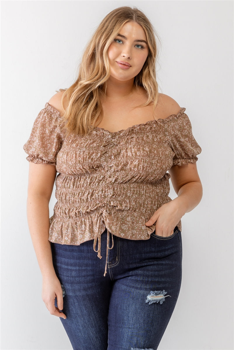 Plus Mocha Floral Chiffon Ruched Smocked Off-the-Shoulder Top