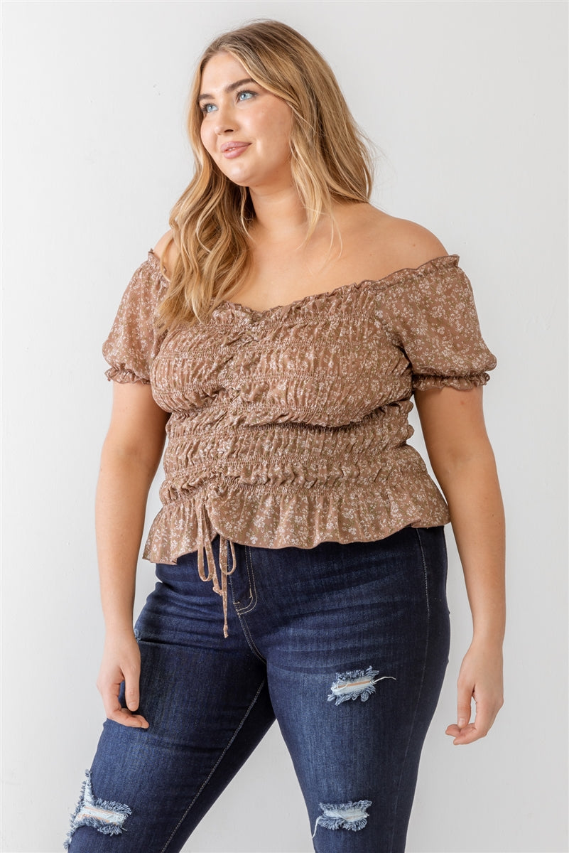 Plus Mocha Floral Chiffon Ruched Smocked Off-the-Shoulder Top