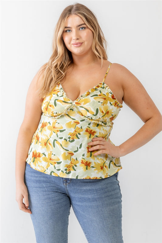 Plus Sage Floral Print Woven Ruffle Sleeveless Tank Top