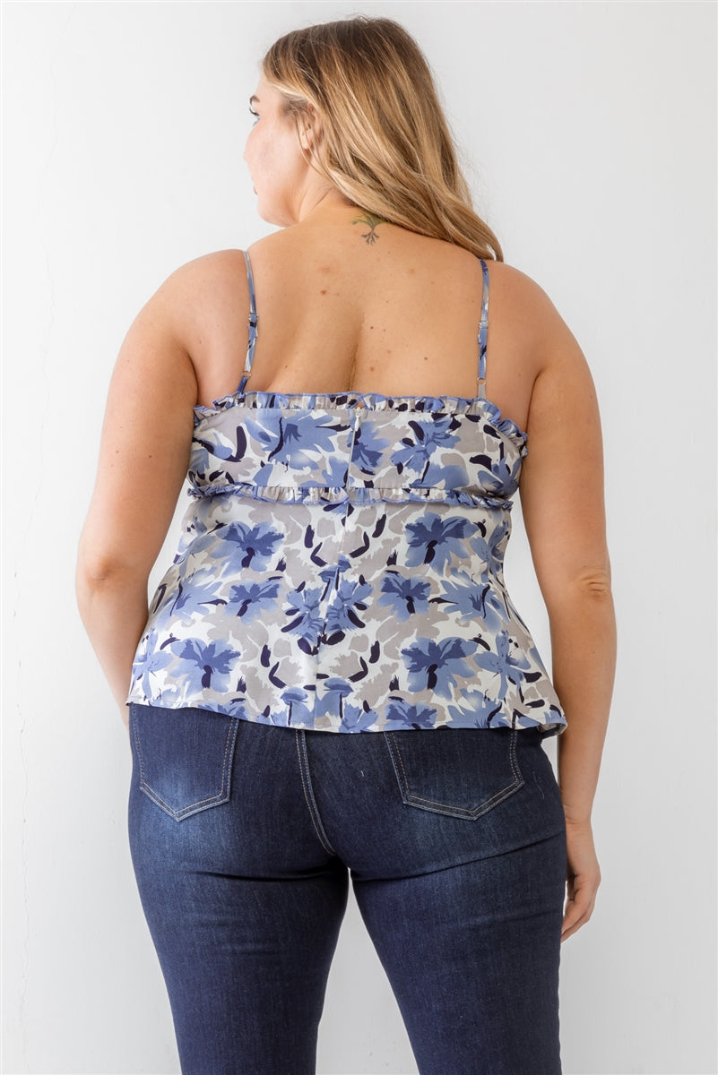 Plus Blue Floral Print Woven Ruffle Sleeveless Tank Top