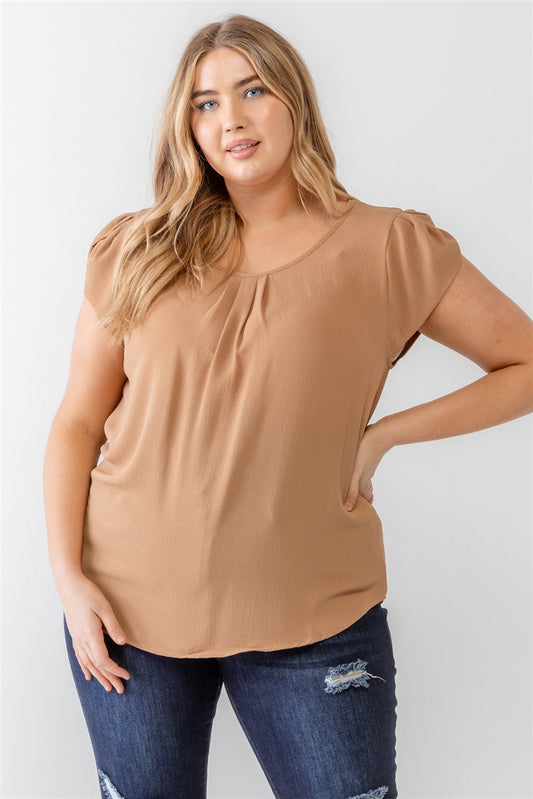 Plus Khaki Koshibo Textured Cap Sleeve Top