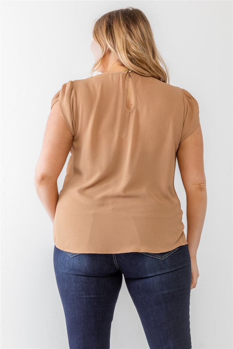 Plus Khaki Koshibo Textured Cap Sleeve Top