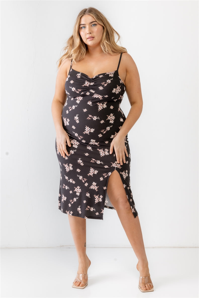 Plus Black Floral Ribbed Ruched Sleeveless Midi Dress