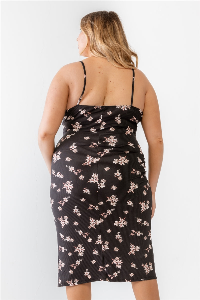 Plus Black Floral Ribbed Ruched Sleeveless Midi Dress