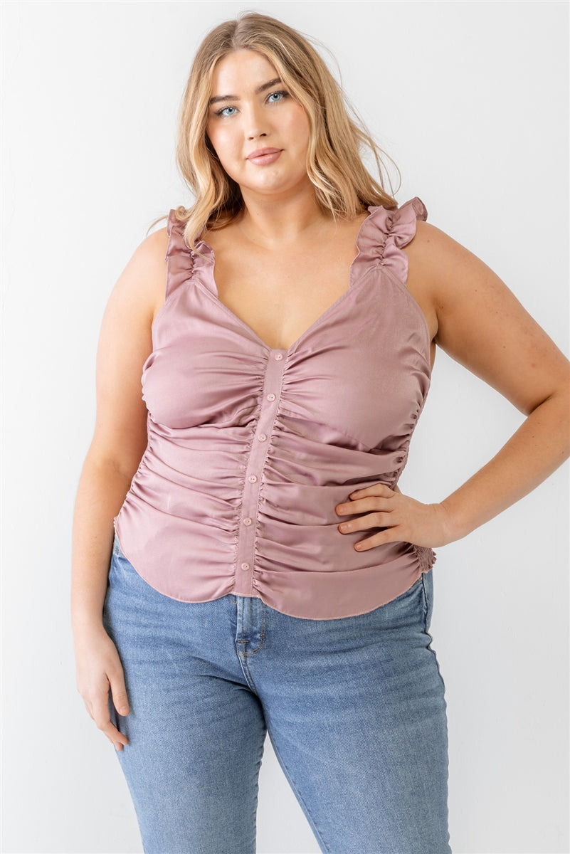 Plus Mauve Ruched Button-up Ruffle Strap Smocked Back Tank Top