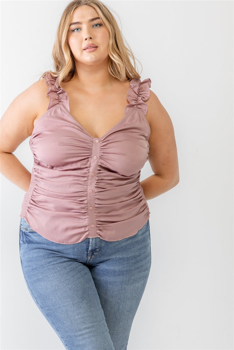 Plus Mauve Ruched Button-up Ruffle Strap Smocked Back Tank Top