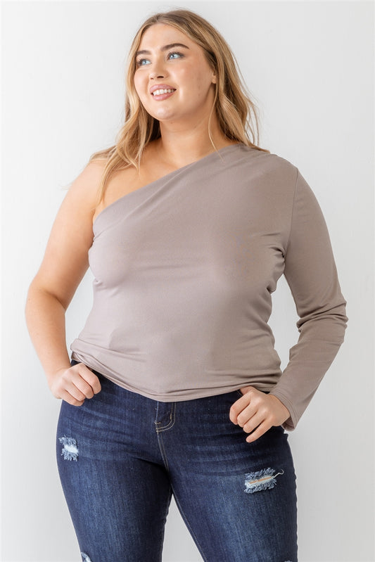 Plus Size Mocha Textured One Shoulder Top