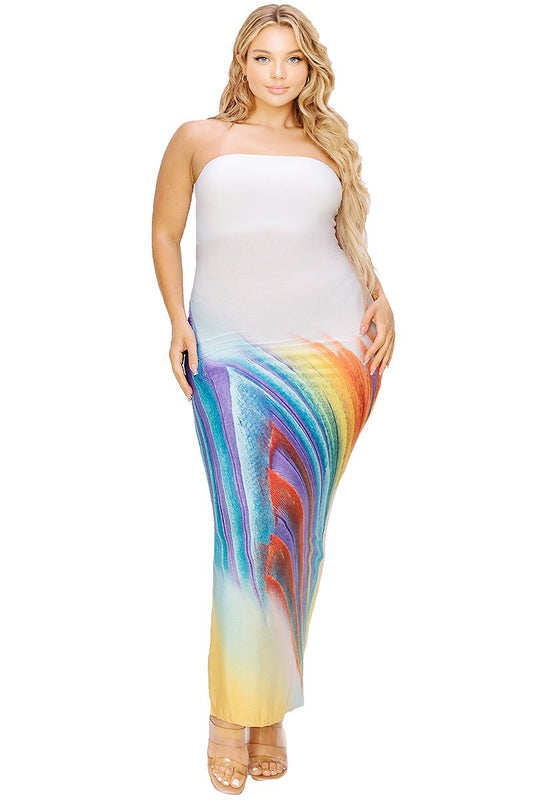 Plus White/Multi Color Gradient Sleeveless Tube Top Maxi Dress