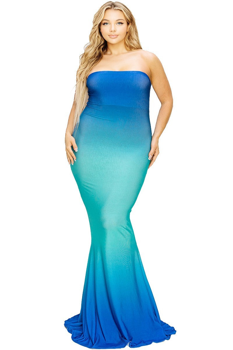 Plus Royal Blue/Aqua Hot Summer Gradient Tube Maxi Dress