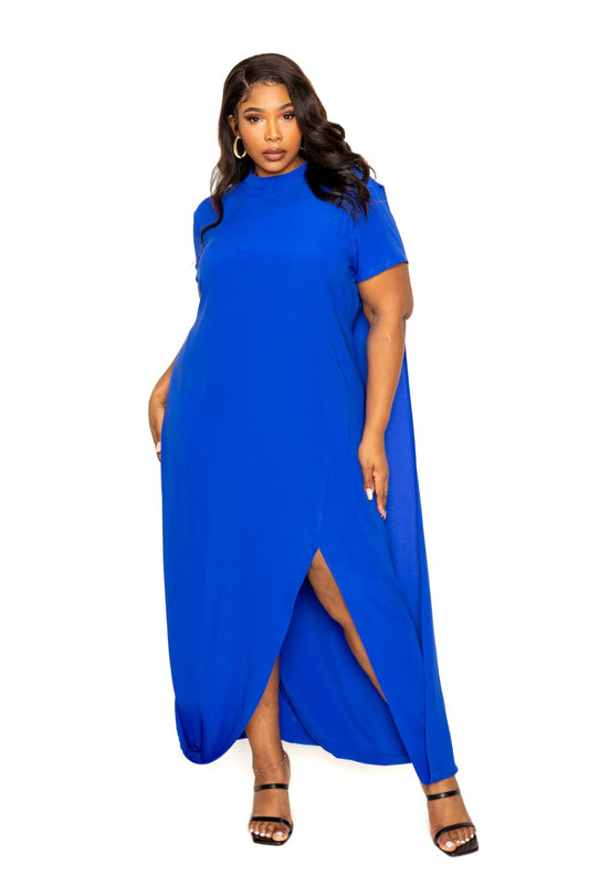 Plus Royal Blue Red Mock Neck Back Cape Dress