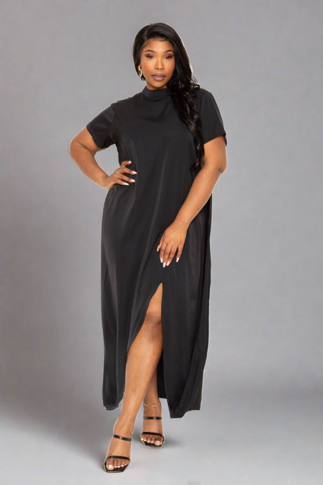 Plus Black Mock Neck Back Cape Dress