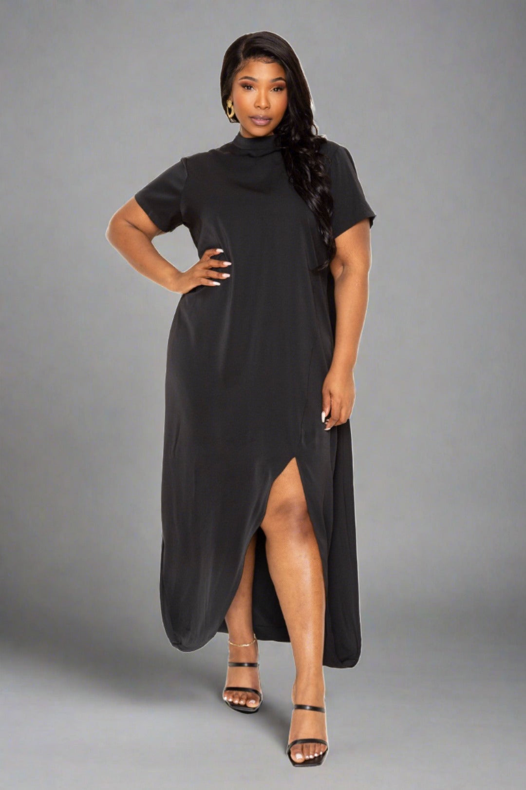 Plus Black Mock Neck Back Cape Dress