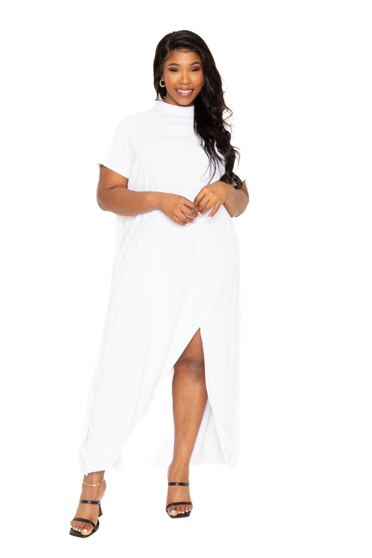 Plus White Mock Neck Back Cape Dress