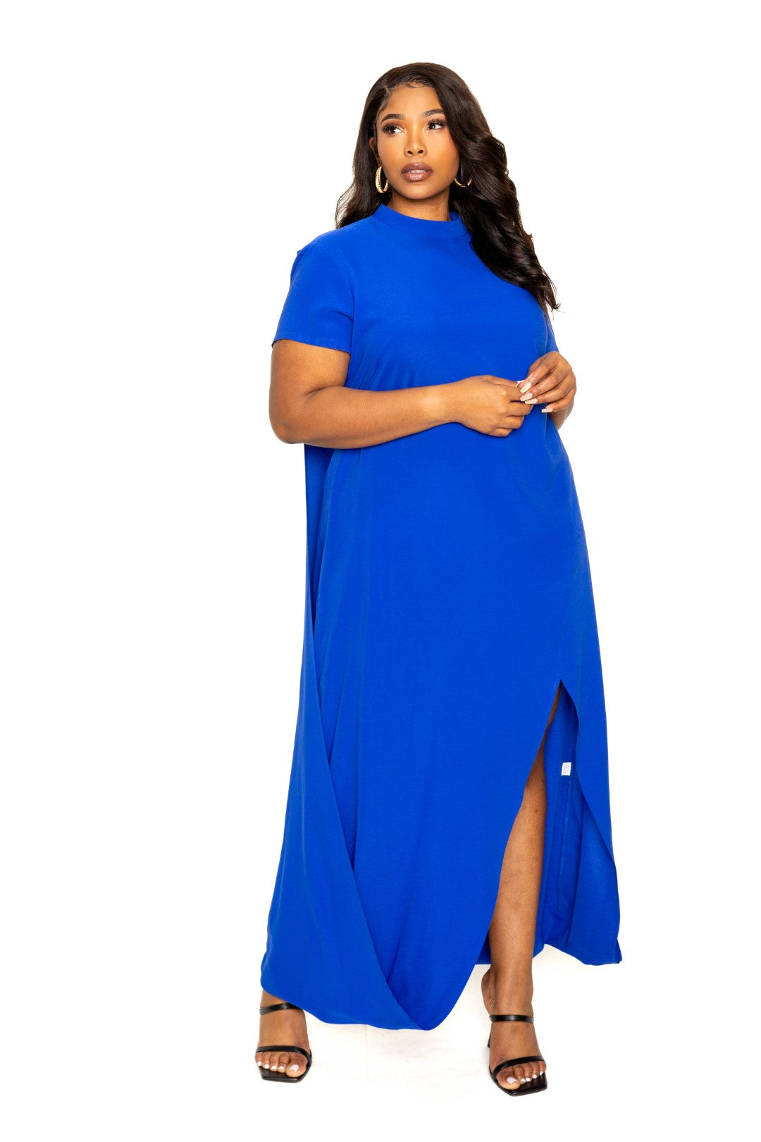 Plus Royal Blue Red Mock Neck Back Cape Dress