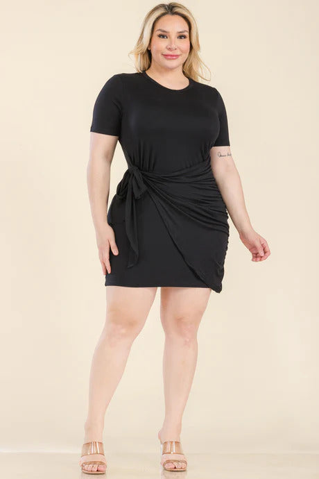 Plus Black Solid Wrap Front Tie Side Short Sleeve Mini Dress